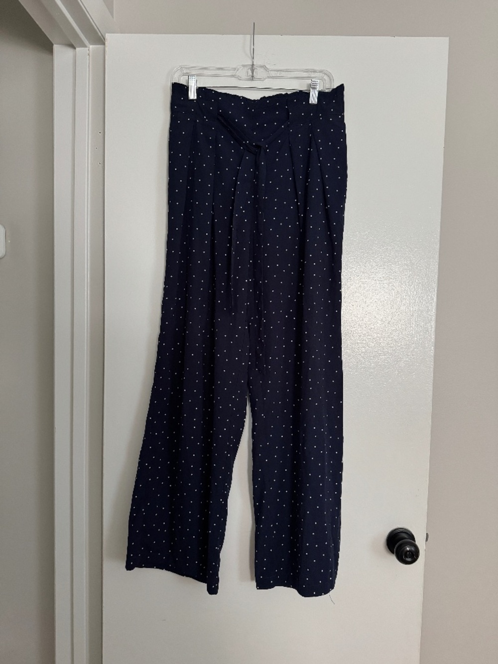 Blu Pepper Navy Polka Dot Relaxed Fit Wide Leg Drawstring Pants, Size Large